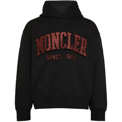 Moncler Hooded With Red Glitter Logo Pullover Cotton Sweatshirt In Black