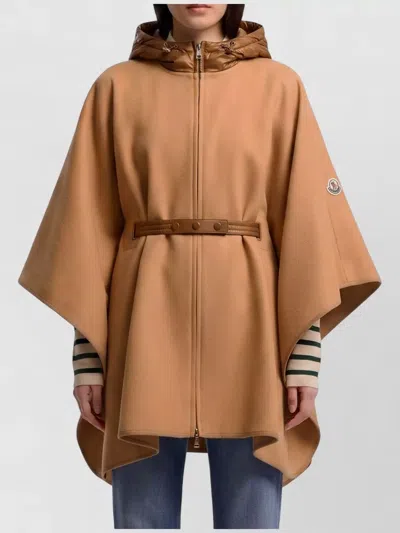 Moncler Hooded Wool Blend Cape Belt Detail In Brown