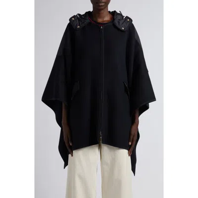 Moncler Hooded Wool Blend Cape In Black