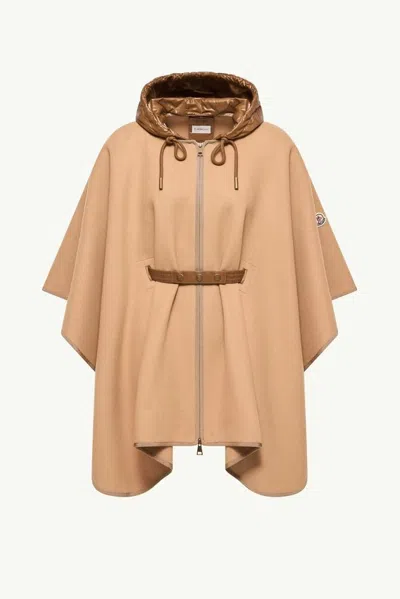 Moncler Hooded Wool-blend Cape In Camel