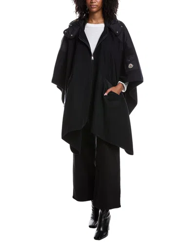 Moncler Hooded Zip Front Cape Wool-blend Jacket In Black