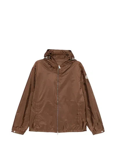 Moncler Hooded Short Jacket Adjustable Hood Cuffs In Brown