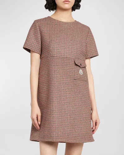 Moncler Houndstooth Wool Mini Dress In Beige