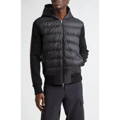 Moncler Hooded Quilted Cardigan With Striped Sleeves In Black