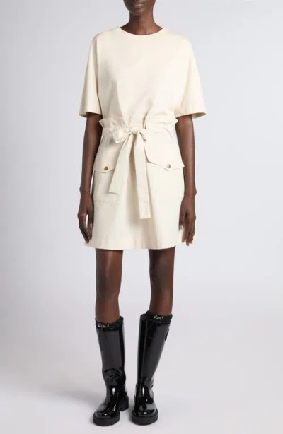Moncler Hybrid Knit & Woven Drawstring Minidress In Neutral
