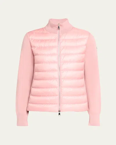 Moncler Hybrid Puffer Wool Cardigan In Pink