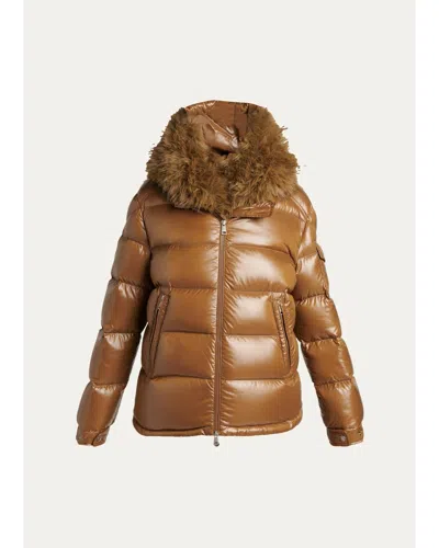 Moncler Hypolais Short Down Jacket With Faux Fur In Cognac