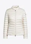 Moncler Fitted Quilted Feather Down Jacket With High Collar In White