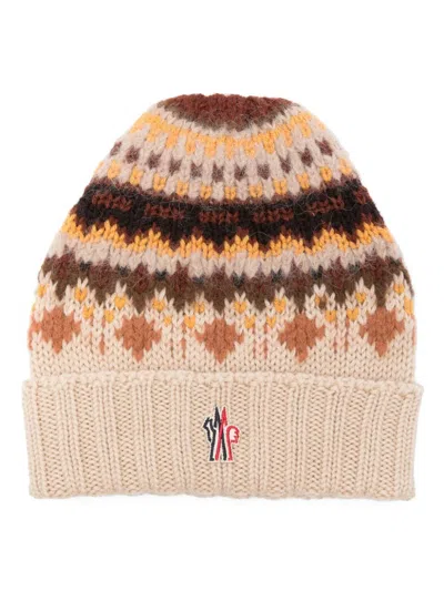 Moncler Intarsia-knit Beanie Hat In Light Beige