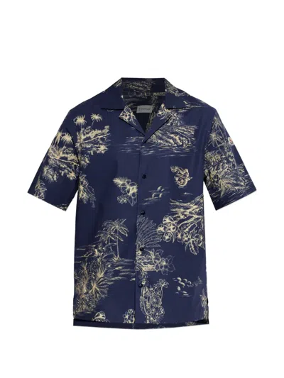 Moncler Tropical Print Short Sleeve Cotton Poplin Snap-up Shirt In Blue