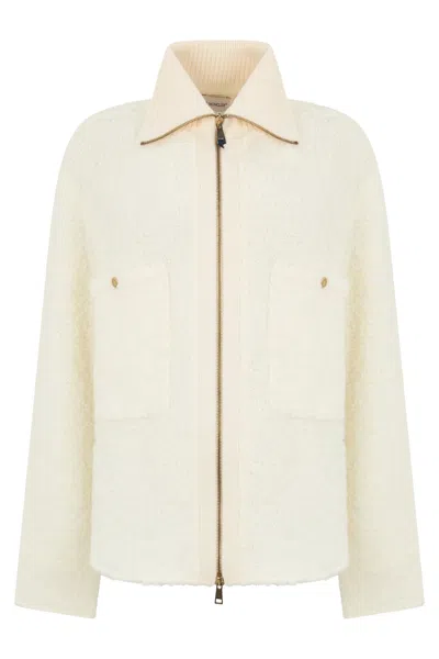 Moncler Ivory Bouclé Zip-front Cardigan With Collar And Pockets In Neutral