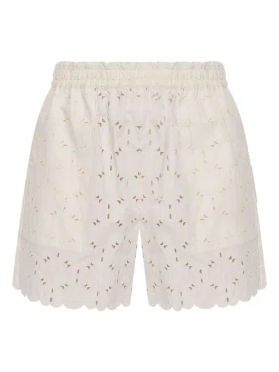 Moncler Ivory Cotton Embroidered Shorts In Beige
