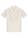 Moncler Short-sleeve Cotton Blend Shirt With Embroidered Design In Neutral