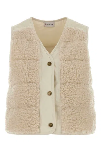 Moncler Ivory Teddy Fabric Mini Vest For Women In Neutral
