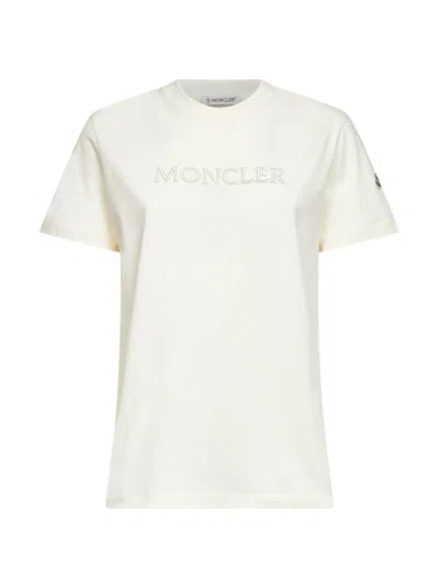 Moncler Ivory White Cotton Embroidered Logo T-shirt In Neutral