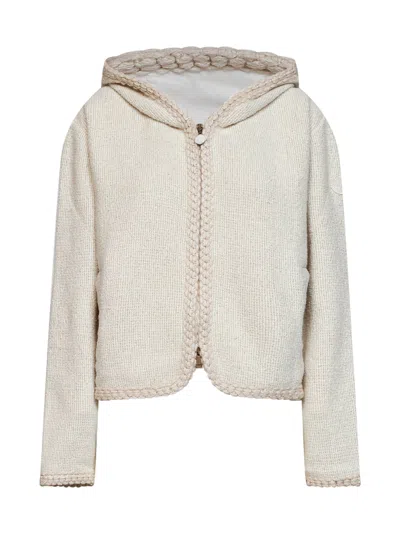 Moncler Ivory White Waffle Knit Zip-up Hoodie In Neutral