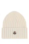 Moncler Ribbed Beanie With Embroidered Logo Detail In Neutral