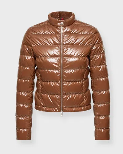 Moncler Papillon Short Down Jacket With Glossy Finish In Brown