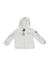 Moncler Evanthe Baby Windproof Jacket With Hood And Zip Closure And Silver Logo Writing On The Chest. In White