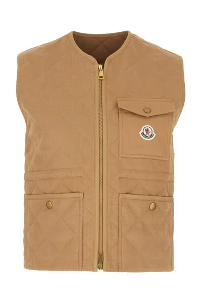 Moncler Camel Linen Padded Sleeveless Jacket In Neutral