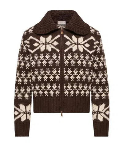 Moncler Jacquard Sequin Zip-up Cardigan In Brown