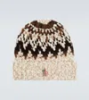 Moncler Beige Brown Geometric Pattern Beanie Hat In Multi