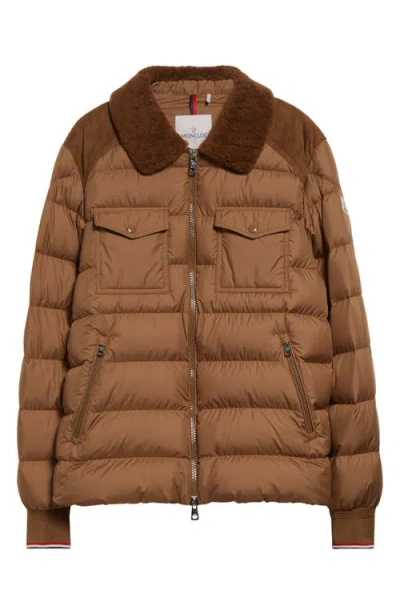 Moncler Jafferau Down Jacket With Genuine Shearling Collar In Caramel