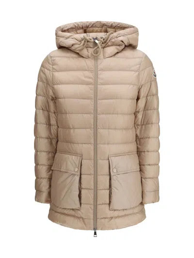 Moncler Jasmin Long Hooded Nylon Down Jacket In Brown