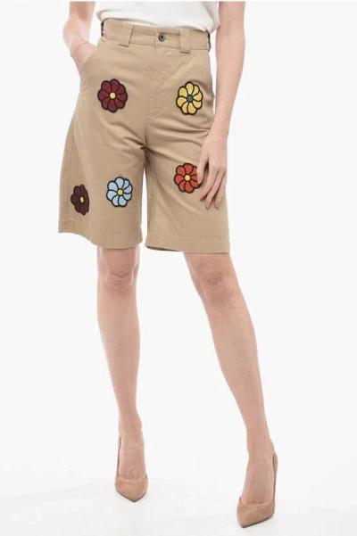 Moncler Jw Anderson Coated Cotton Bermuda Shorts With Crochet Patche In Brown