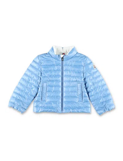 Moncler Kids'  'kerm' Crewneck Down Jacket With Logo Patch On The Sleeve In Tech Fabric Boy In Blue