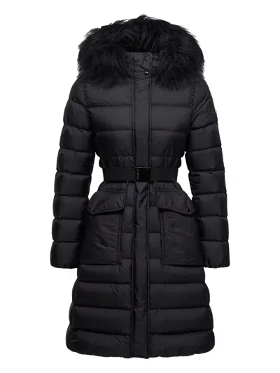 Moncler Khloesse Long Down Jacket With Hood And Shearling Hem In Multi