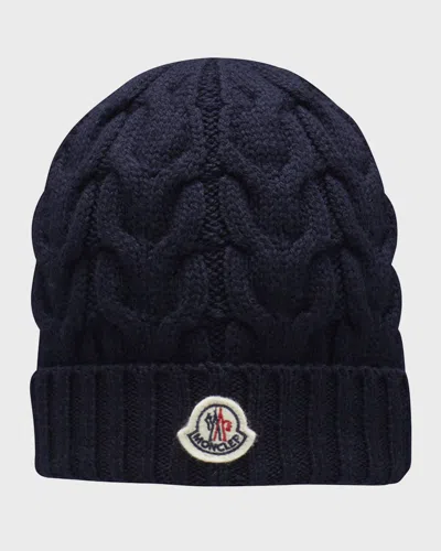 Moncler Kids' Boy's Logo Patch Cable Knit Beanie In Night Blue