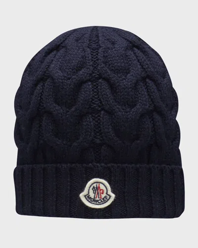 Moncler Boy's Logo Patch Cable Knit Beanie In Night Blue