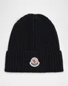 Moncler Kid's Logo Rib-knit Wool Beanie In Blue