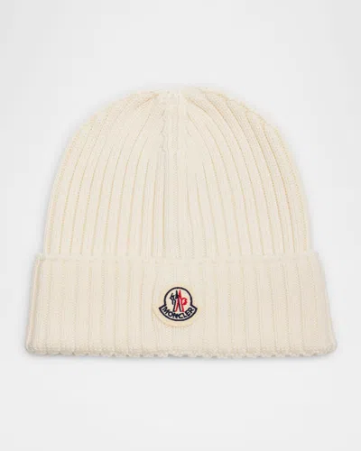 Moncler Kid's Logo Rib-knit Wool Beanie In Neutral