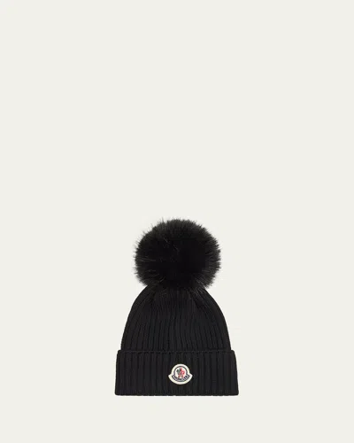 Moncler Kid's Ribbed Wool Beanie With Faux Fur Pom In Black
