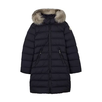 Moncler Kids Abelle Navy Fur-trimmed Shell Coat (12-14 Years) In Navy Blue