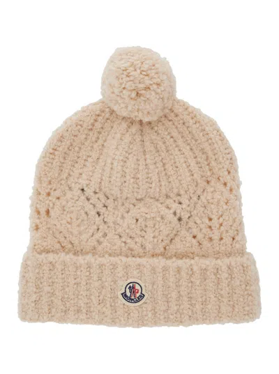 Moncler Kids Baby Girl Wool Beanie With Pompon And Logo Patch In Neutral