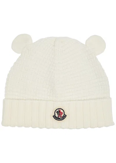 Moncler Kids Bear Waffle-knit Wool Beanie In White