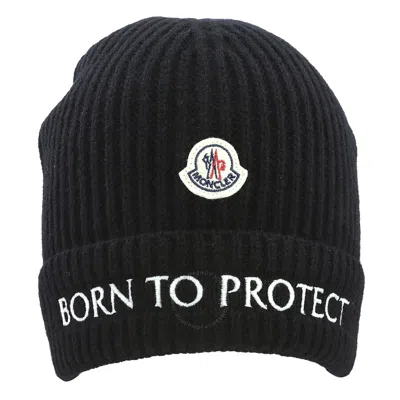 Moncler Kids Black Born To Project Logo-patch Ribbed Knit Beanie