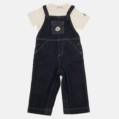 Pre-owned Moncler Kids Blue/pink Denim And Cotton Knit Dungarees And T-shirt Set 12-18 M
