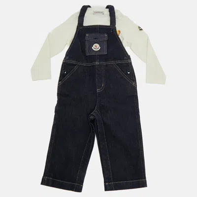 Pre-owned Moncler Kids Blue/white Denim And Knit Dungarees And Shirt Set 12-18 M