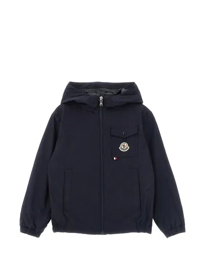 Moncler Kids Boy's Hooded Zip Jacket With Polyester Lining, Chest Pocket & Logo Patch In Blu