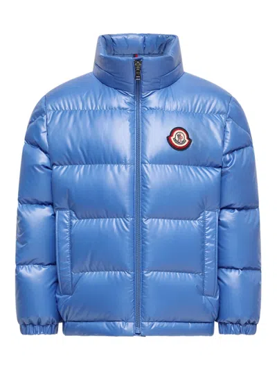 Moncler Kids Boys Mini Down-filled Hooded Puffer Coat With Felt Logo In Blue