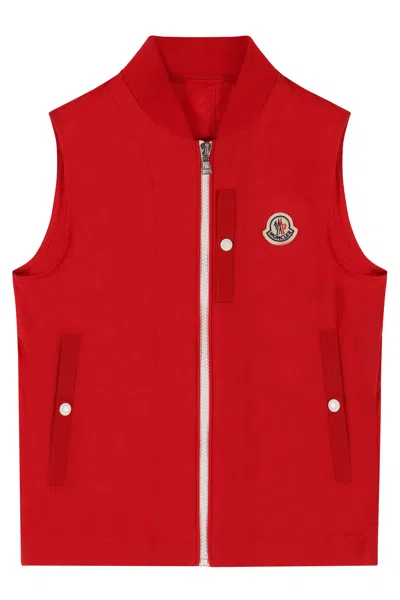Moncler Kids Boys Sleeveless Jacket With Front Logo Patch In Red