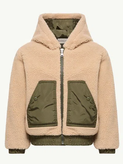 Moncler Kids Boys Teddy Fleece Hooded Puffer Jacket With Zip Front And Patch Pockets In Brown
