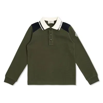 Moncler Kids Contrast Tip Long-sleeve Polo Shirt In Green