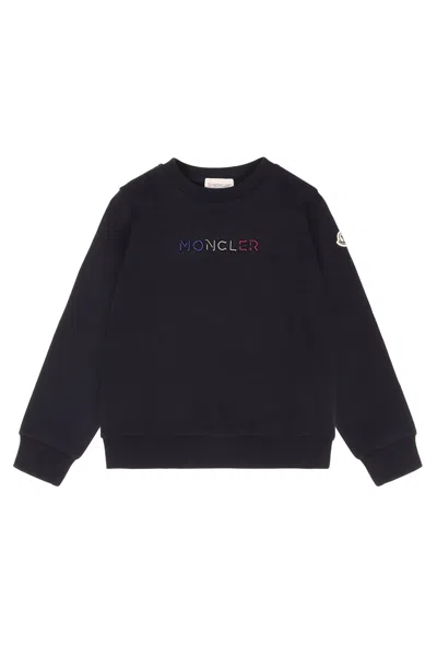 Moncler Kids Embroidered Logo Cotton Sweatshirt In Blue