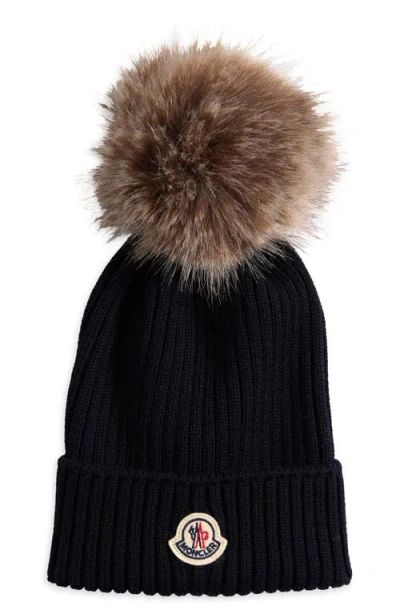 MONCLER MONCLER KIDS' FAUX FUR POMPOM WOOL BEANIE