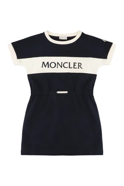 Moncler Kids Girls Striped Logo Cotton Dress In Blue